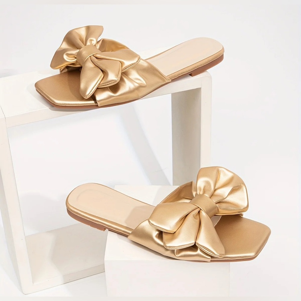 NEW Gold Metallic Bow Leather Slide Sandals Size US 9 (EUR 40) - Picture 11 of 12